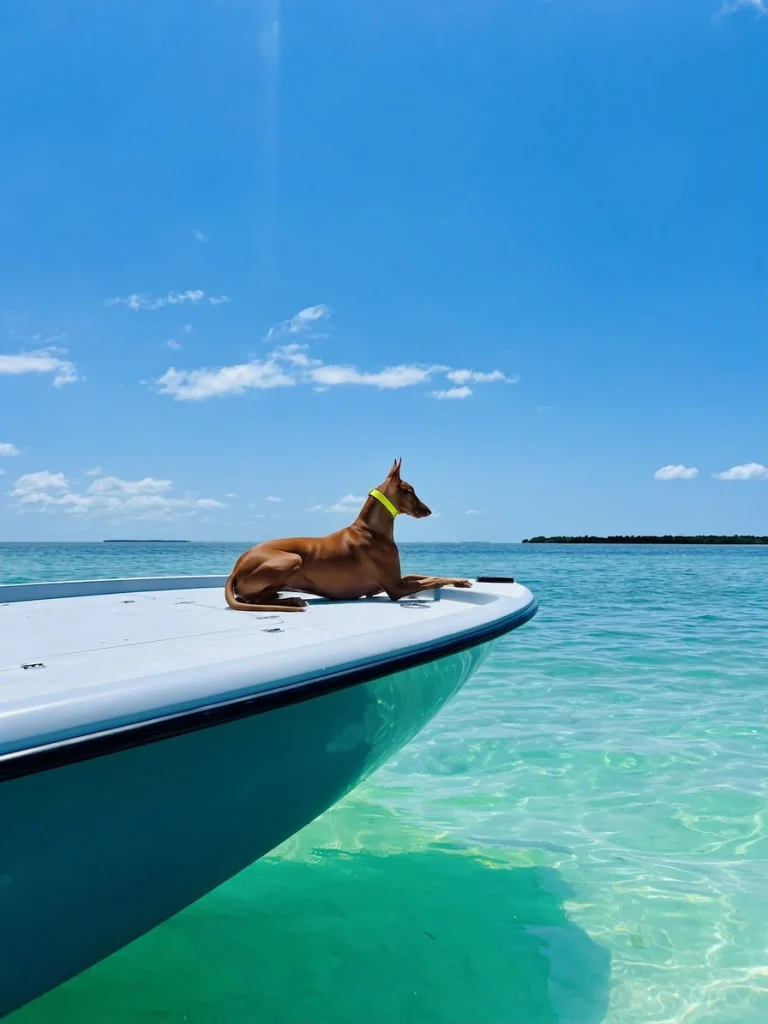 A dog on the bow of a boat over clear turquoise water