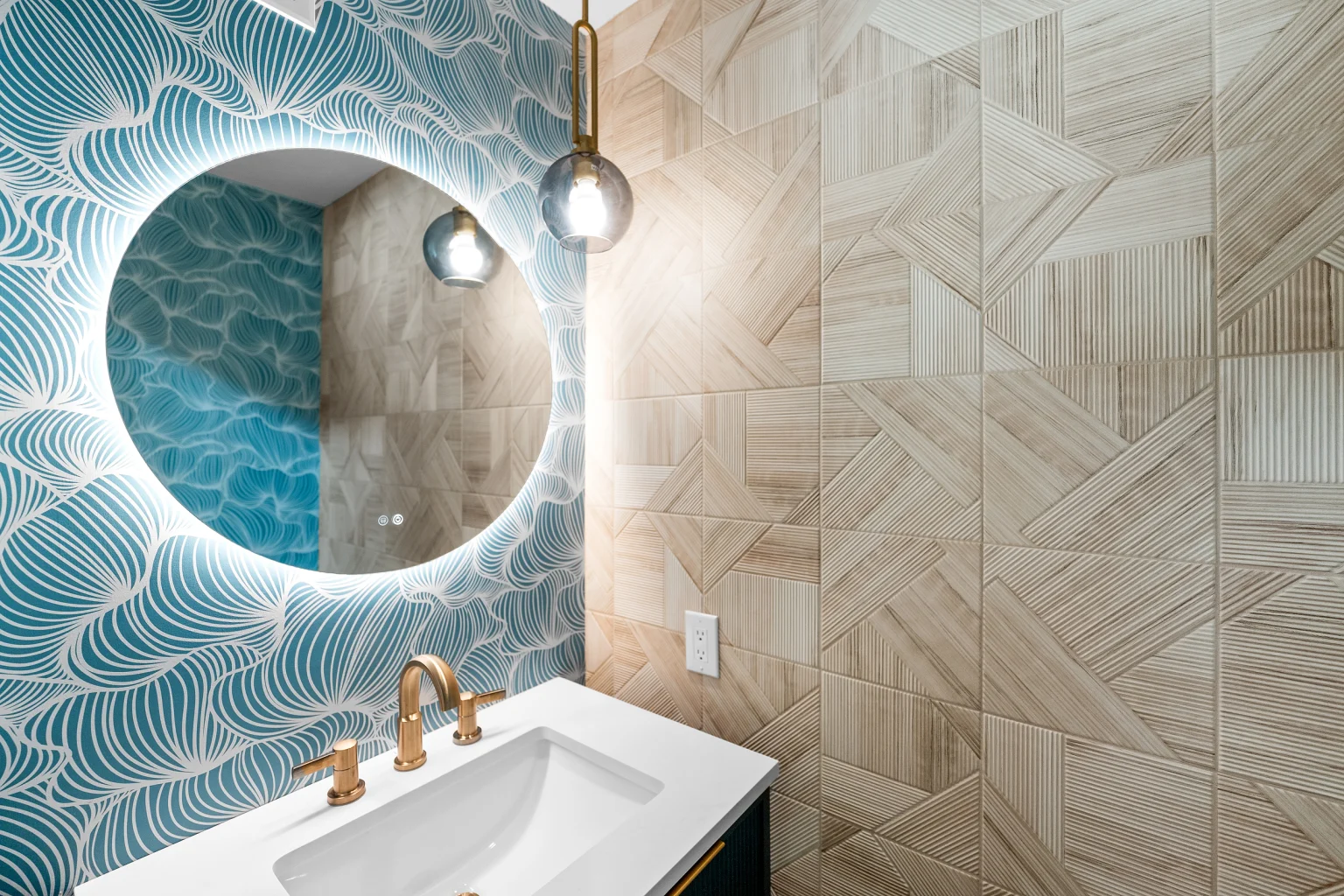 Powder room with wave wallpaper and round mirror, Love Shack