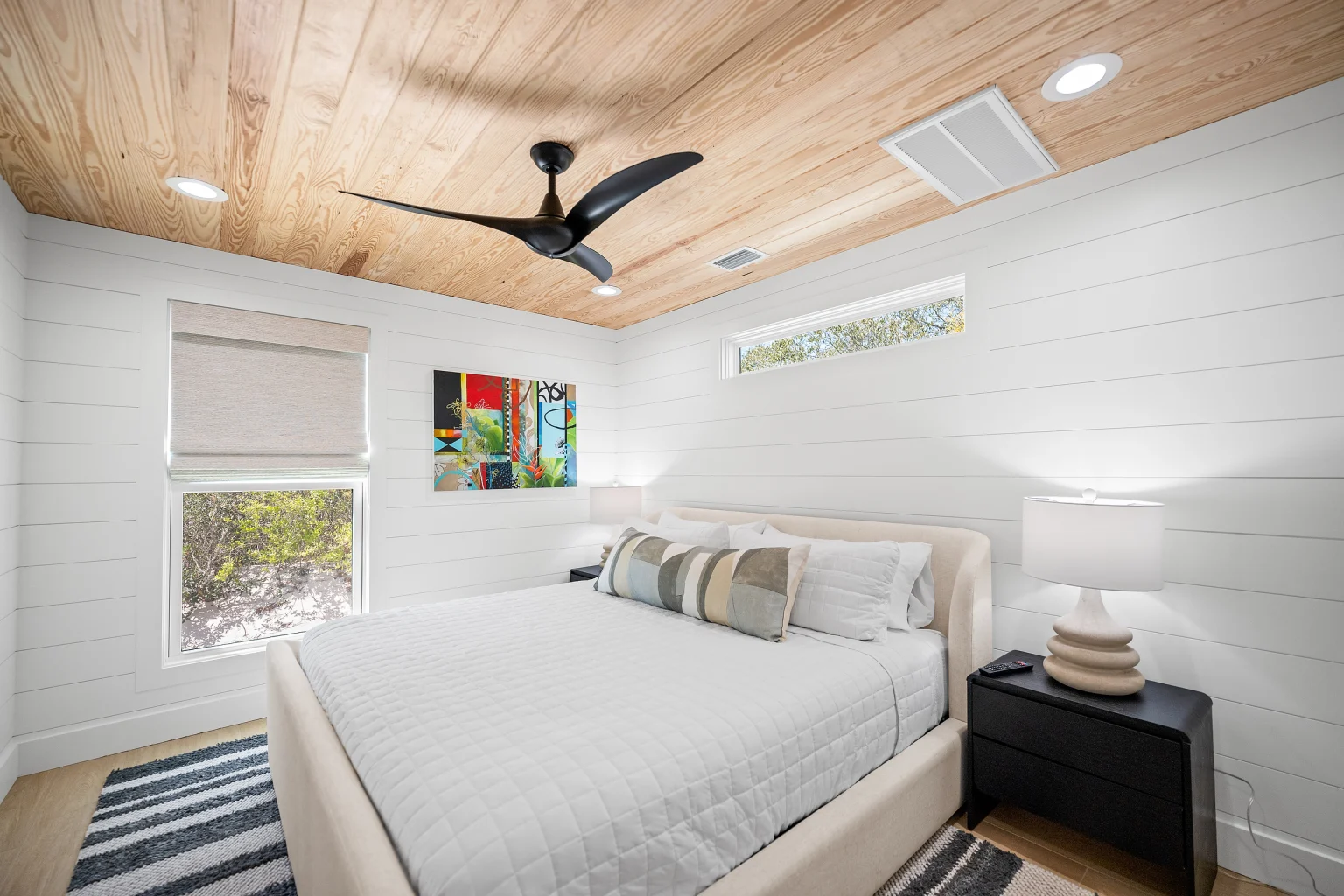 Queen bedroom with wood ceiling, Love Shack