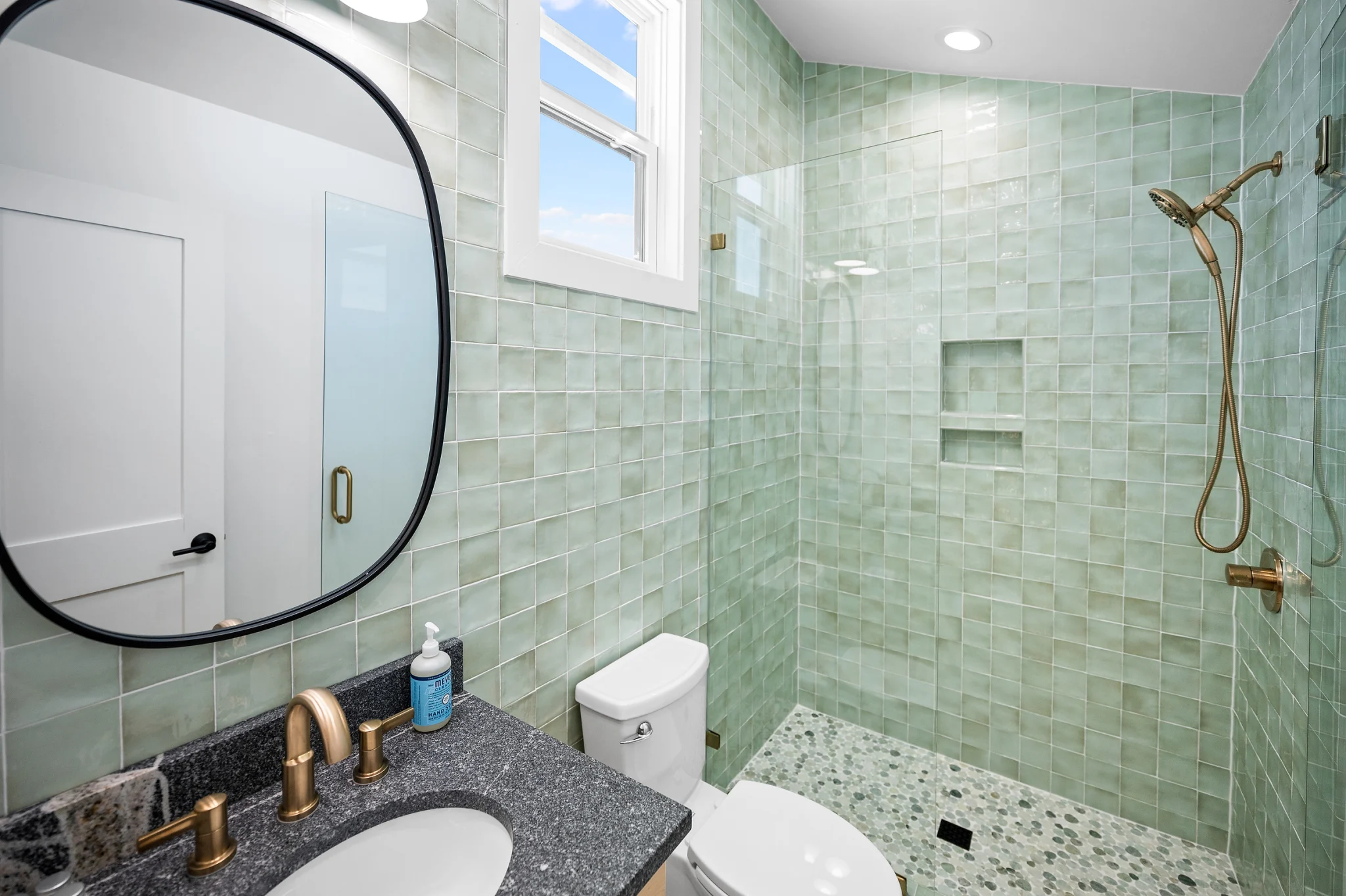 Bathroom with green tile walk-in shower, Love Shack