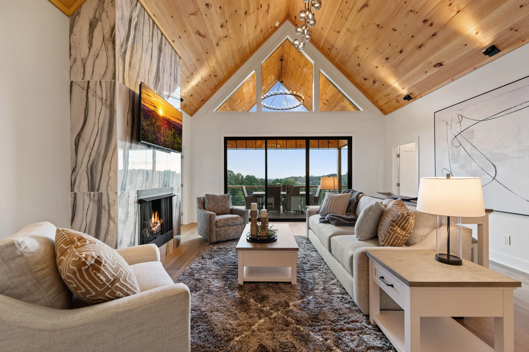Great room with a vaulted wood ceiling and stone fireplace, View Finder I