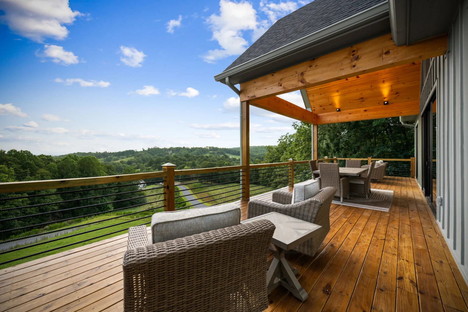 Covered deck with seating and mountain views, View Finder I