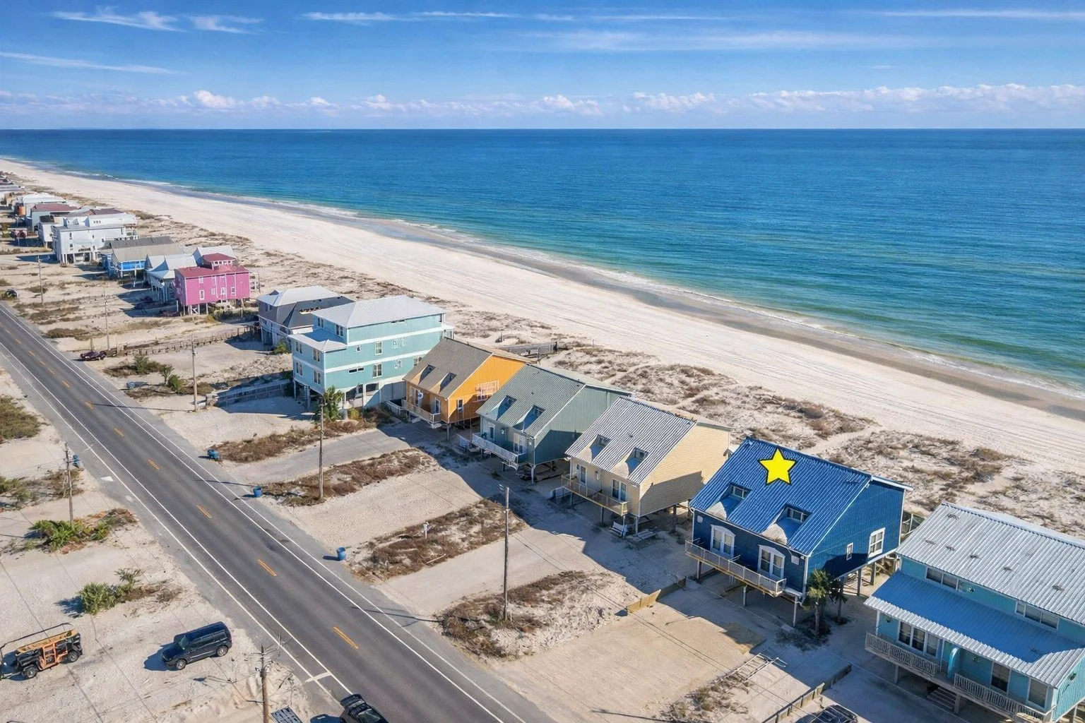 Beach road and shoreline from the air, the house marked with a star, SouthWind East