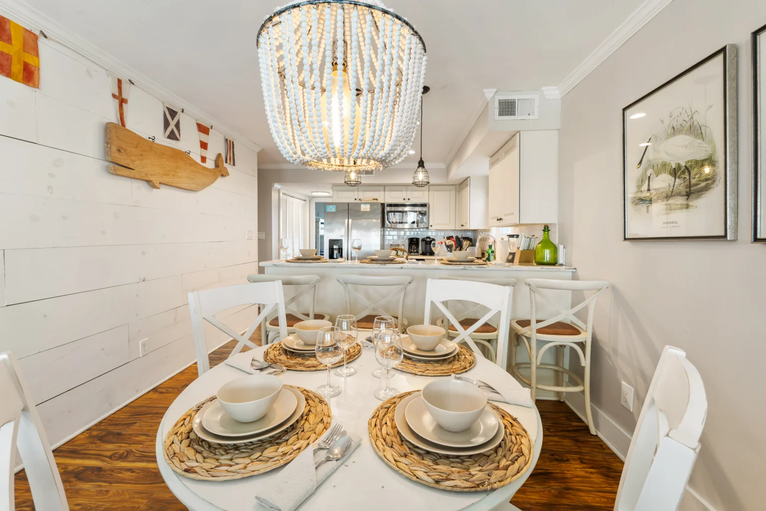 Dining table set for six beside the kitchen, SouthWind East