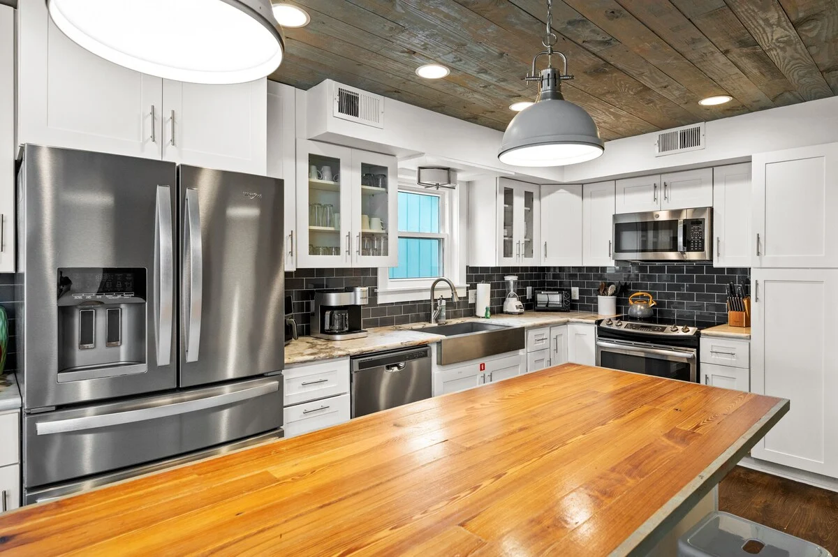 Butcher-block island and stainless refrigerator, SouthWind West