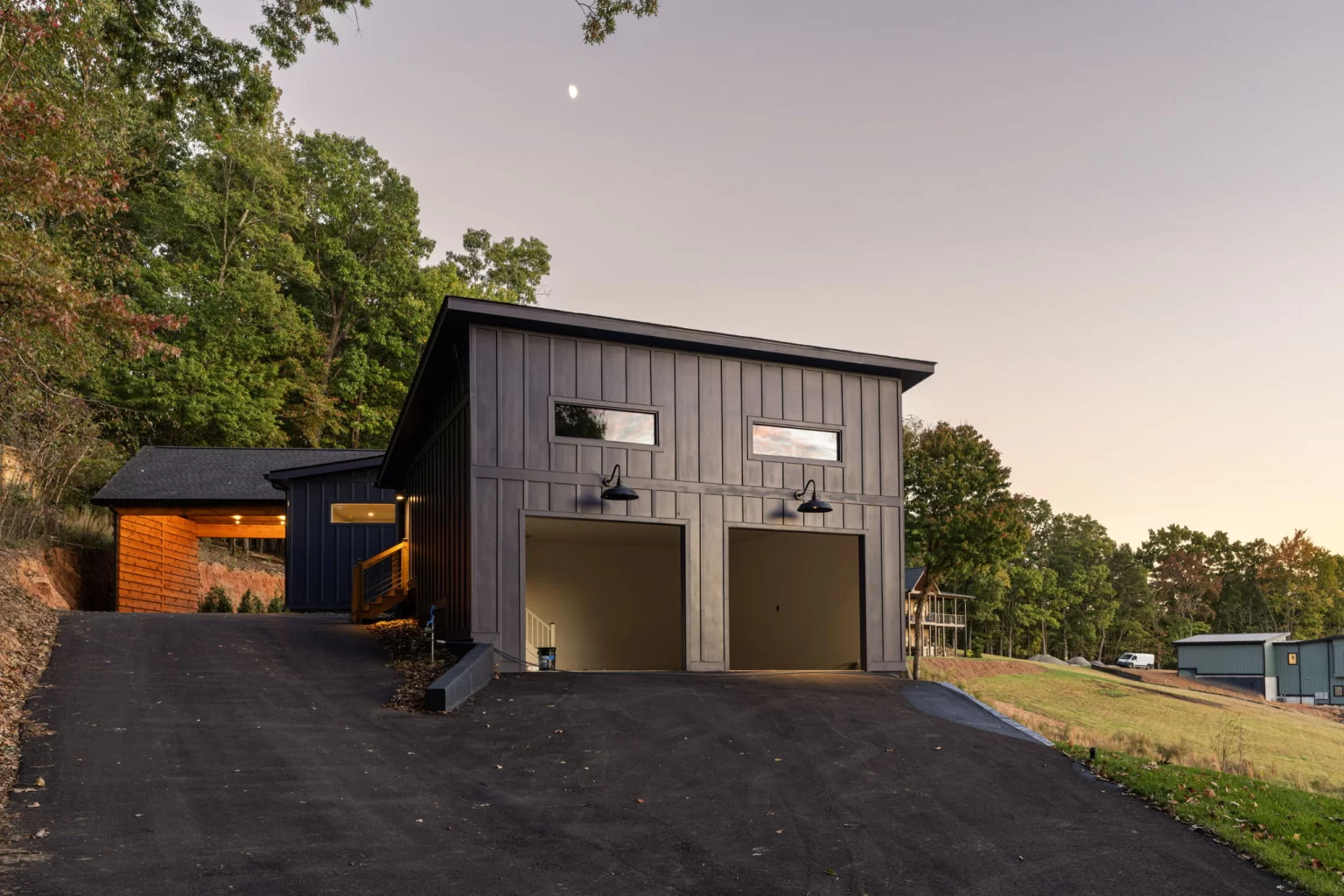 Detached two-car garage at dusk, View Finder II