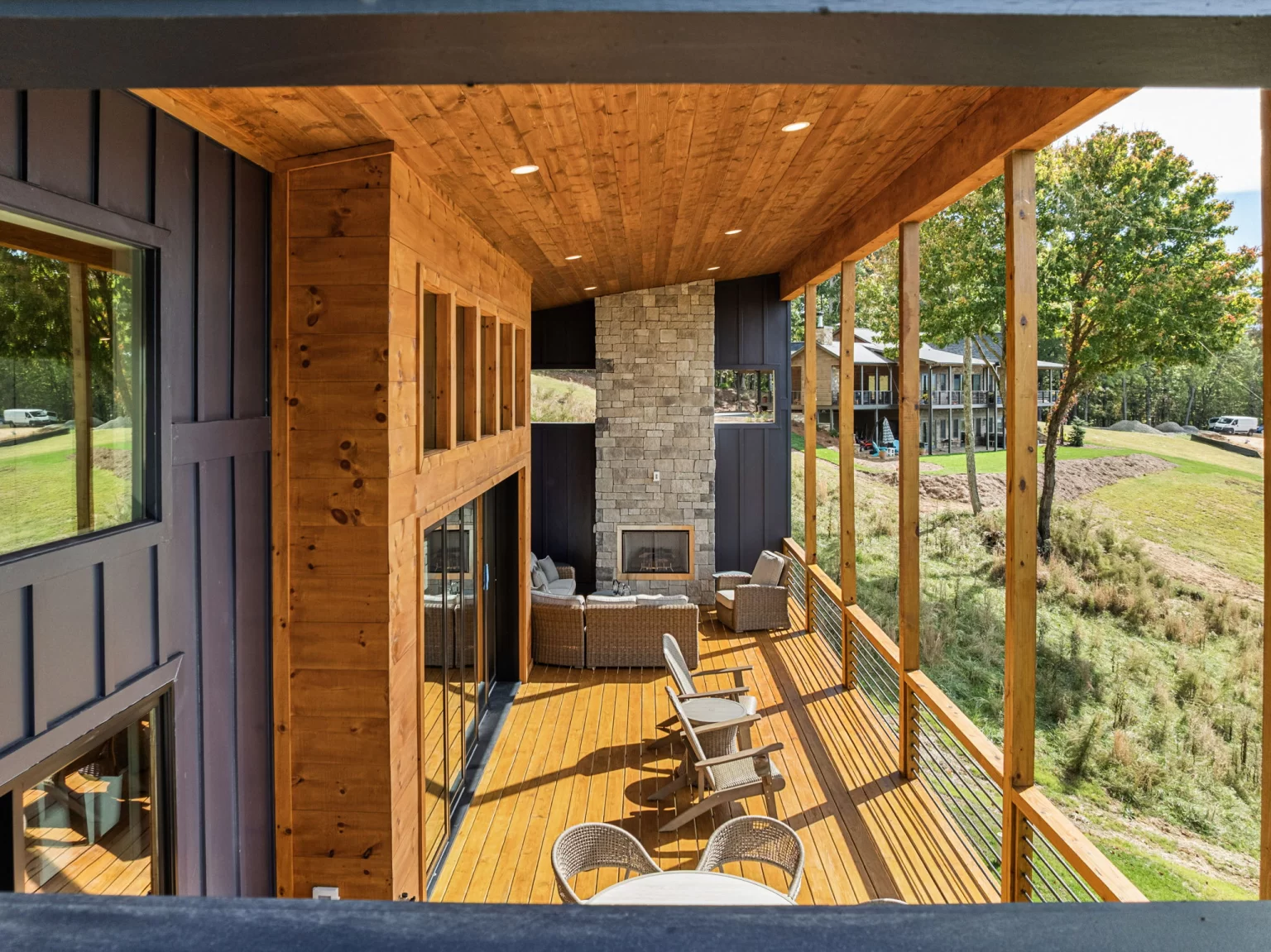 Covered deck with the stone outdoor fireplace, View Finder II