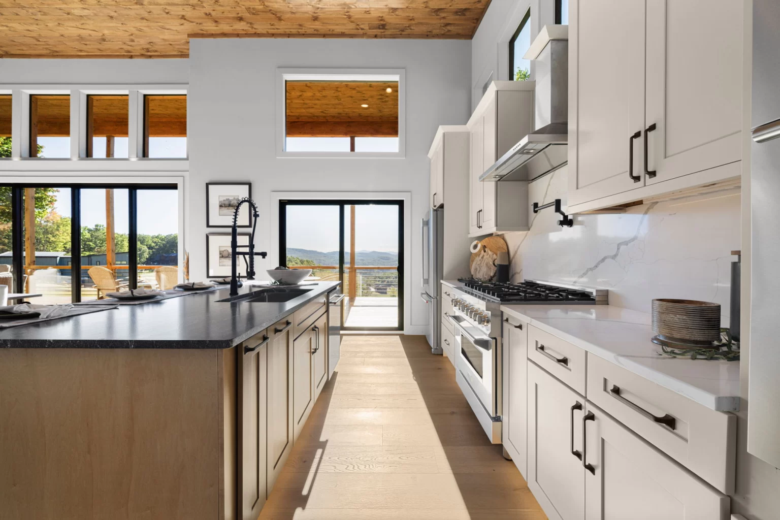 Kitchen island and gas range with the deck door beyond, View Finder II