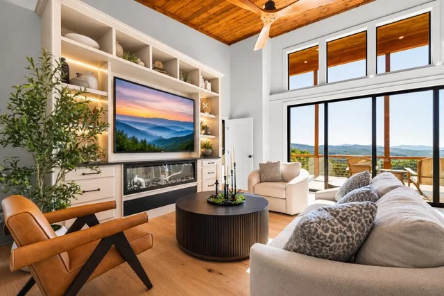 Living room with a TV, electric fireplace and leather chair, View Finder II