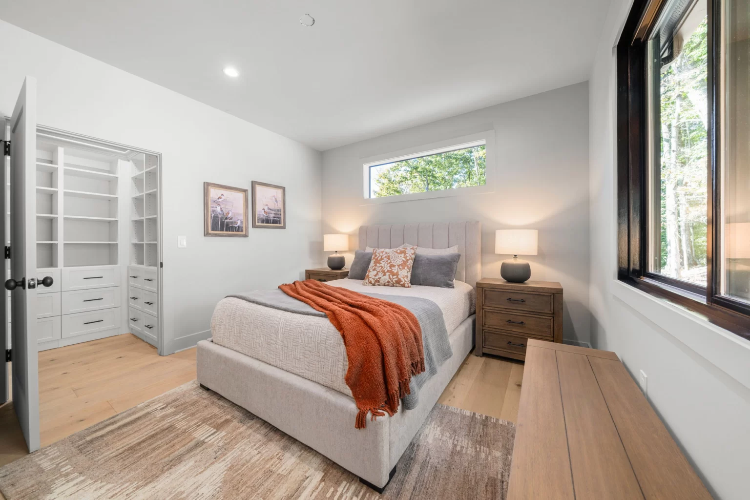 Bedroom with a built-in closet and upholstered bed, View Finder II