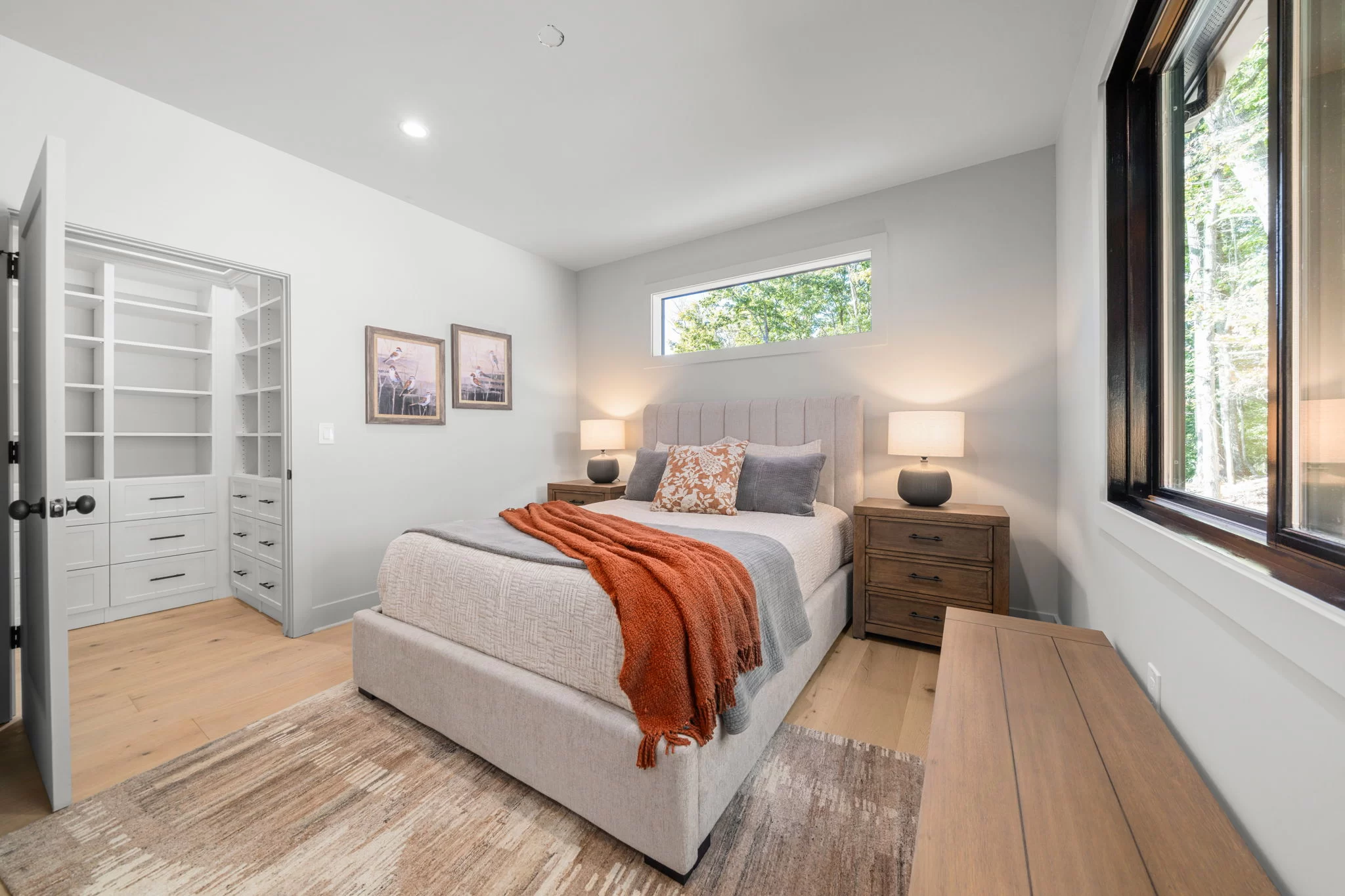 Bedroom with a built-in closet and upholstered bed, View Finder II